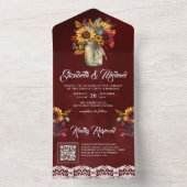 Burgundy Zonnebloemen Metselwerk Pot Rode QR Code  All In One Uitnodiging (Binnen)