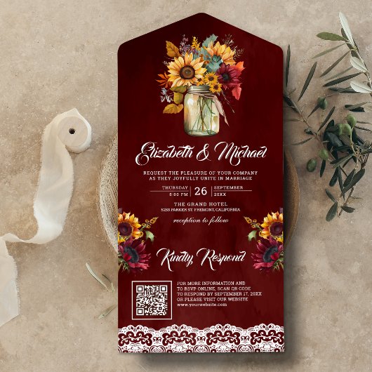 Burgundy Zonnebloemen Metselwerk Pot Rode QR Code  All In One Uitnodiging