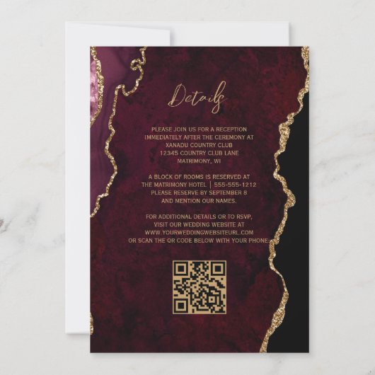 Burgundyrode Agaat Script QR Code Huwelijk Kaart (Achterkant)