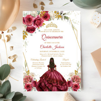 Burgundyrode bloemige Quinceanera-verjaardag Kaart