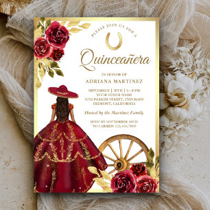 Burgundyrode bloemjurk Charro gouden Quinceanera Kaart