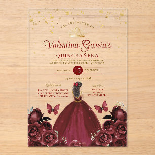 Burgundyrode Quinceañera 15 Jaar Bloemen Goud Acryl Uitnodigingen