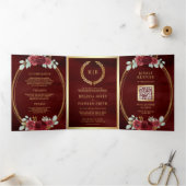 Burgundyrode rozen alles in één QR-code bruiloft Drieluik Uitnodiging (Binnen)