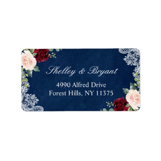 Burgundyrood Blush Bloem Wit Kant Tuintje Blauwe Etiket (Voorkant)