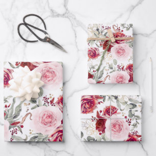 Burgundyrood en roze bloemrijke botanische elegant inpakpapier vel
