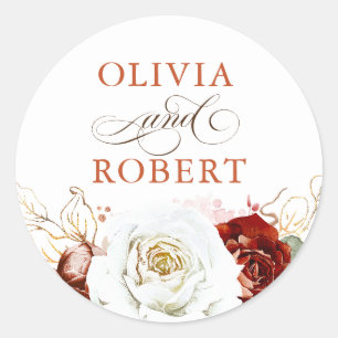 Burgundyrood en wit modern bloemendesign boho brui ronde sticker