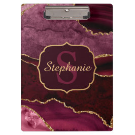 Burgundyrood & Goud Glitter Marmer Agate Monogram Klembord