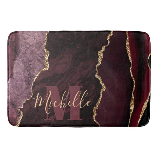 Burgundyrood & Goud Nep Glitter Marmer Agaat Badmat (Voorkant)