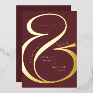 Burgundyrood Gouden Ampersand Typografie Bewaar Da Folie Uitnodiging