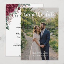 Burgundyroos Foto Save the Date Kaart Wit