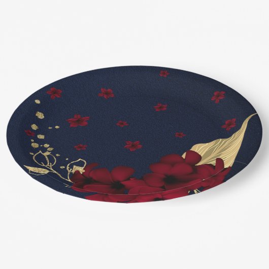 burgungse bloemen goudbladeren blauw papieren bordje (Gekanteld)