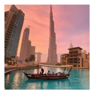 Burj Khalifa Boat Lake Cityscape Foto Afdruk