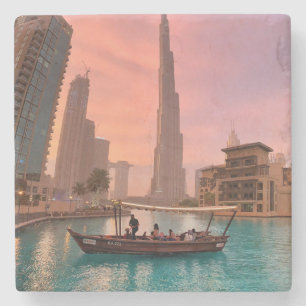 Burj Khalifa Boat Lake Cityscape Stenen Onderzetter