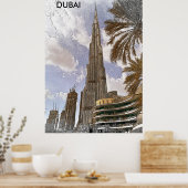 Burj Khalifa Dubai Vintage skyline reizen Poster (Keuken)