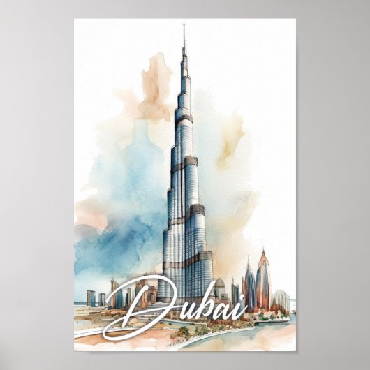 Burj Khalifa Dubai Waterverf Schilderij Reizen Poster (Voorkant)