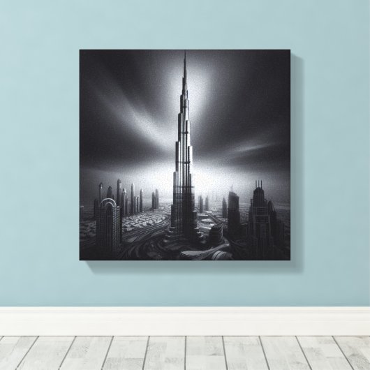 Burj Khalifa Monochrome Skyline - Dramatische Urba Canvas Afdruk (Insitu (Houten vloer))