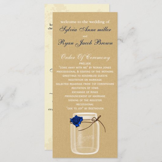 Burla, marineblauw roos Mason Jar huwelijksprogram Programmakaart (Voorkant / Achterkant)