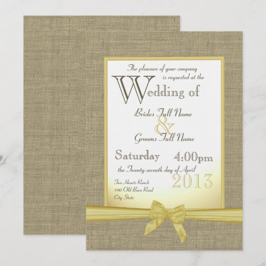 Burlap and Bow 5x7 Yellow Country Wedding Kaart (Voorkant / Achterkant)