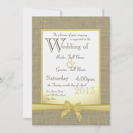 Burlap and Bow 5x7 Yellow Country Wedding Kaart (Voorkant)