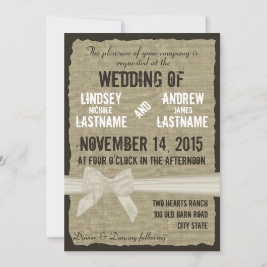 Burlap and Bow Rustic Wedding Antiek Wit Kaart (Voorkant)