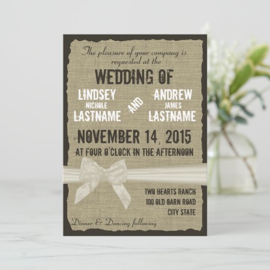 Burlap and Bow Rustic Wedding Antiek Wit Kaart (Staand voorkant)