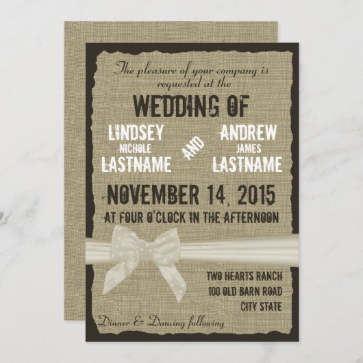 Burlap and Bow Rustic Wedding Antiek Wit Kaart (Voorkant / Achterkant)