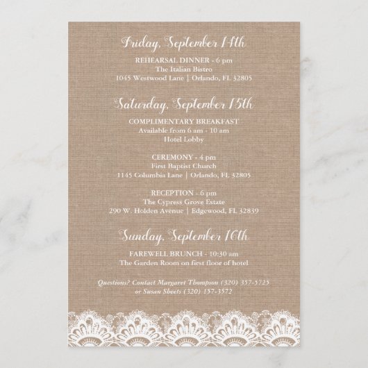 Burlap and Lac Wedding Hotel Welkom Kaarten, Rusti Programmakaart (Achterkant)