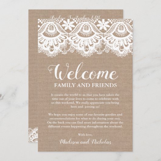 Burlap and Lac Wedding Hotel Welkom Kaarten, Rusti Programmakaart (Voorkant / Achterkant)