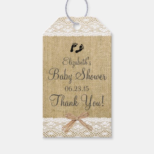 Burlap and Lace Afbeelding- Baby shower Cadeaulabel (Voorkant)