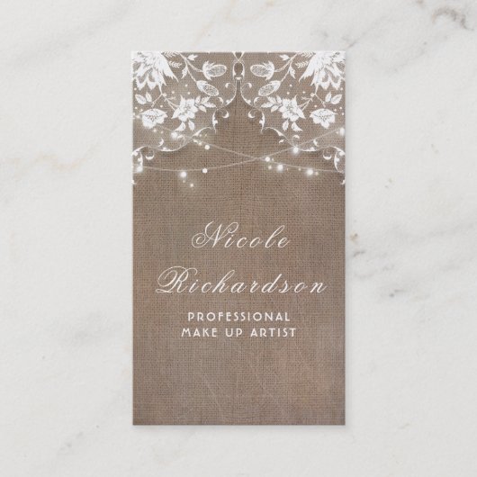 Burlap and Lace and String Lights Rustiek Elegant Visitekaartje (Voorkant)