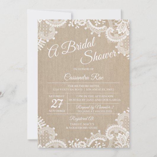 Burlap and Lace bruids douche uitnodiging (Voorkant)