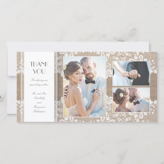 Burlap and Lace foto bruiloft Dank u Bedankkaart (Voorkant)