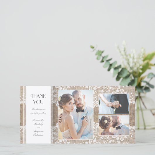 Burlap and Lace foto bruiloft Dank u Bedankkaart (Staand voorkant)