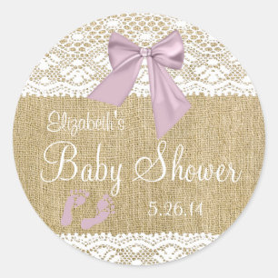 Burlap and Lace Lavendel Baby shower Ronde Sticker