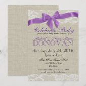 Burlap and Lace Paarse Baby shower Kaart (Voorkant / Achterkant)