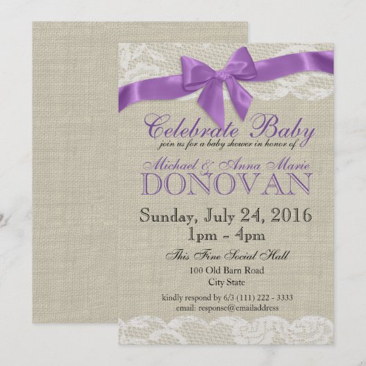 Burlap and Lace Paarse Baby shower Kaart (Voorkant / Achterkant)