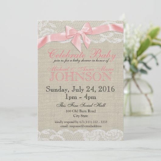 Burlap and Lace Roze Baby shower Kaart (Staand voorkant)