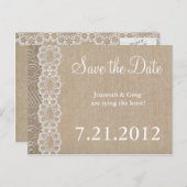Burlap and Lace Rustic heeft de datum gered Aankondigingskaart (Voorkant / Achterkant)