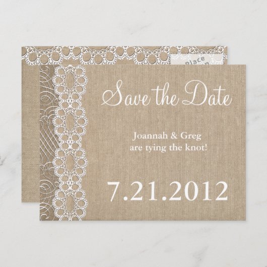 Burlap and Lace Rustic heeft de datum gered Aankondigingskaart (Voorkant / Achterkant)