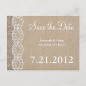 Burlap and Lace Rustic heeft de datum gered Aankondigingskaart (Voorkant)