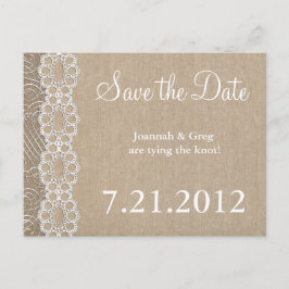 Burlap and Lace Rustic heeft de datum gered Aankondigingskaart