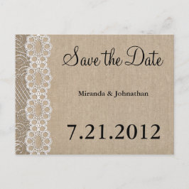 Burlap and Lace Rustic heeft de datum gered Aankondigingskaart