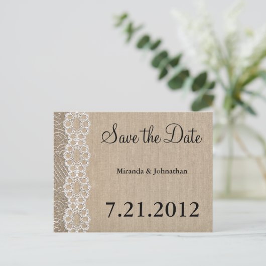 Burlap and Lace Rustic heeft de datum gered Aankondigingskaart (Staand voorkant)