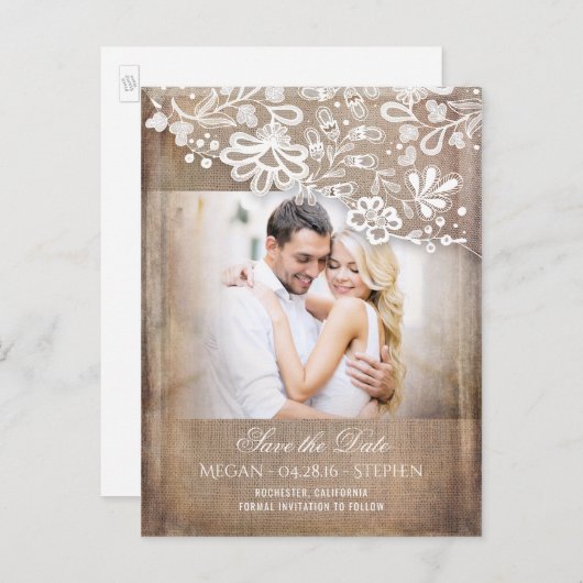 Burlap and Lace Rustic Photo Bewaar de datum Aankondigingskaart (Voorkant / Achterkant)