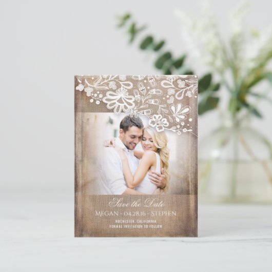 Burlap and Lace Rustic Photo Bewaar de datum Aankondigingskaart (Staand voorkant)
