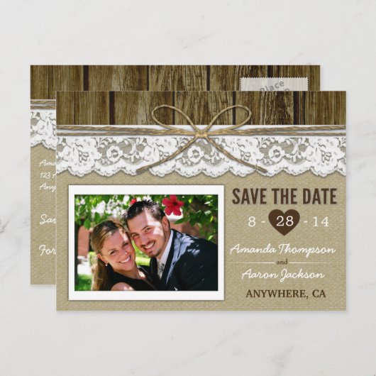 Burlap and Lace Save the Date Bruiloft Briefkaarte Aankondigingskaart (Voorkant / Achterkant)