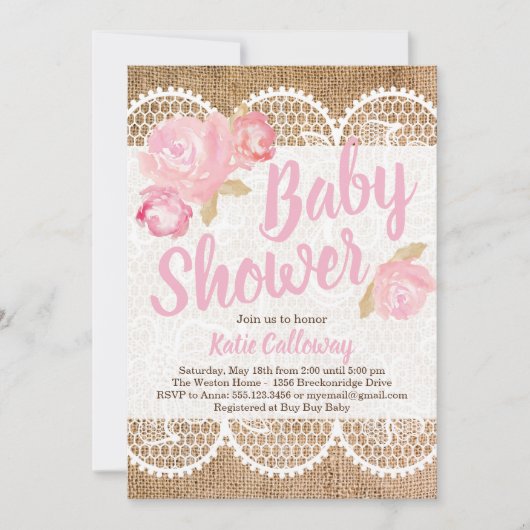 Burlap and Lace Shabby Chic Baby shower Invitation Kaart (Voorkant)