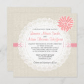 Burlap and Lace Wedding Invitation Coral Pink Kaart (Voorkant / Achterkant)