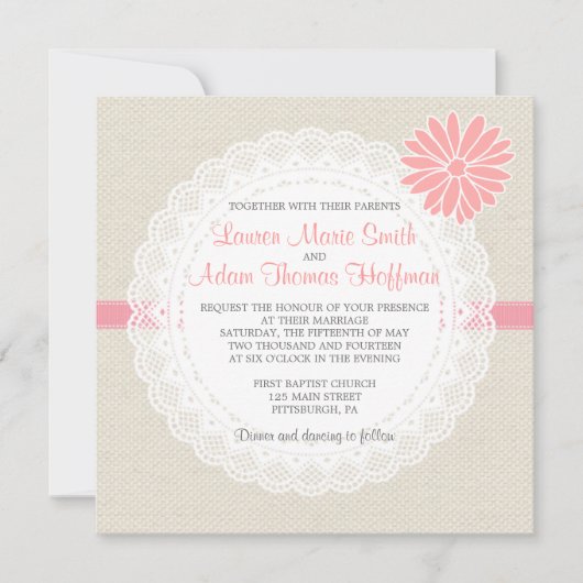 Burlap and Lace Wedding Invitation Coral Pink Kaart (Voorkant)