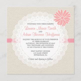 Burlap and Lace Wedding Invitation Coral Pink Kaart